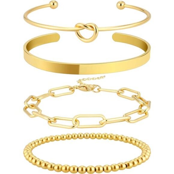 14k Gold Plated Brass Charm Bangle Cuff Bracelet Set Non Tarnish